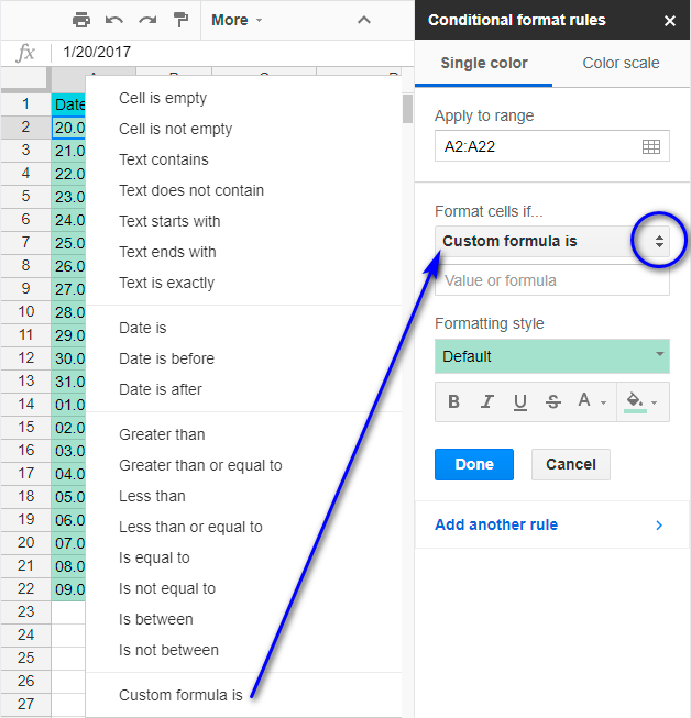 Google spreadsheet lets you create conditional formatting rules with a custom formula