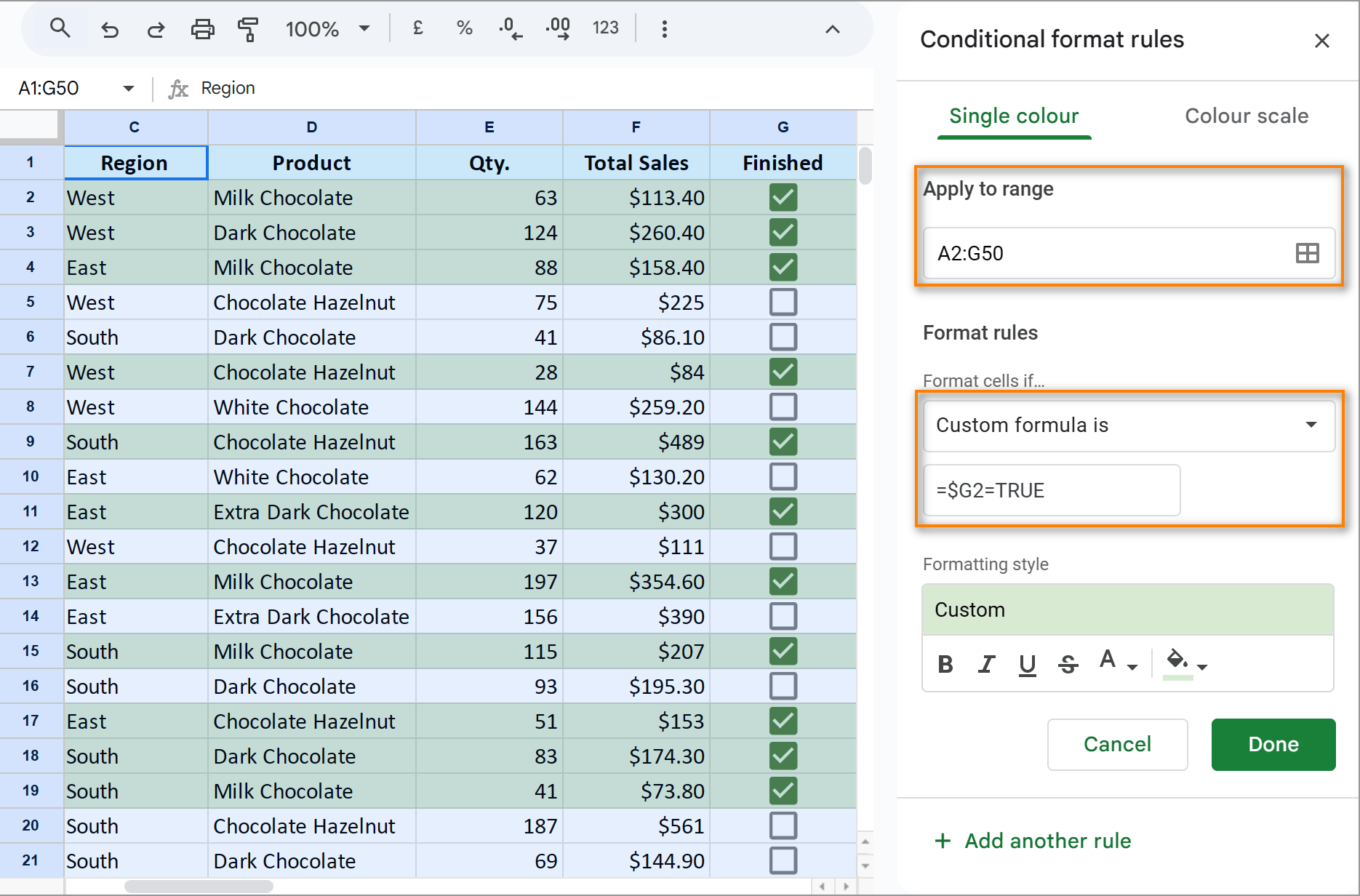 Google Sheets conditional formatting to highlight whole rows.