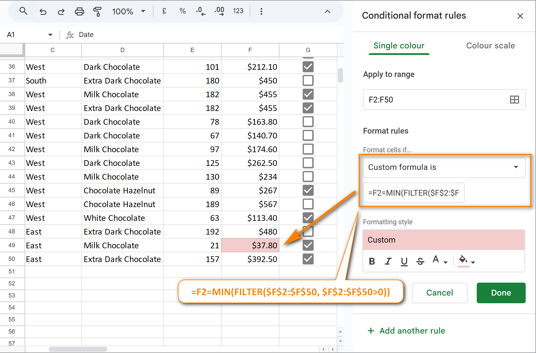 Conditional formatting for min value except for zeros.