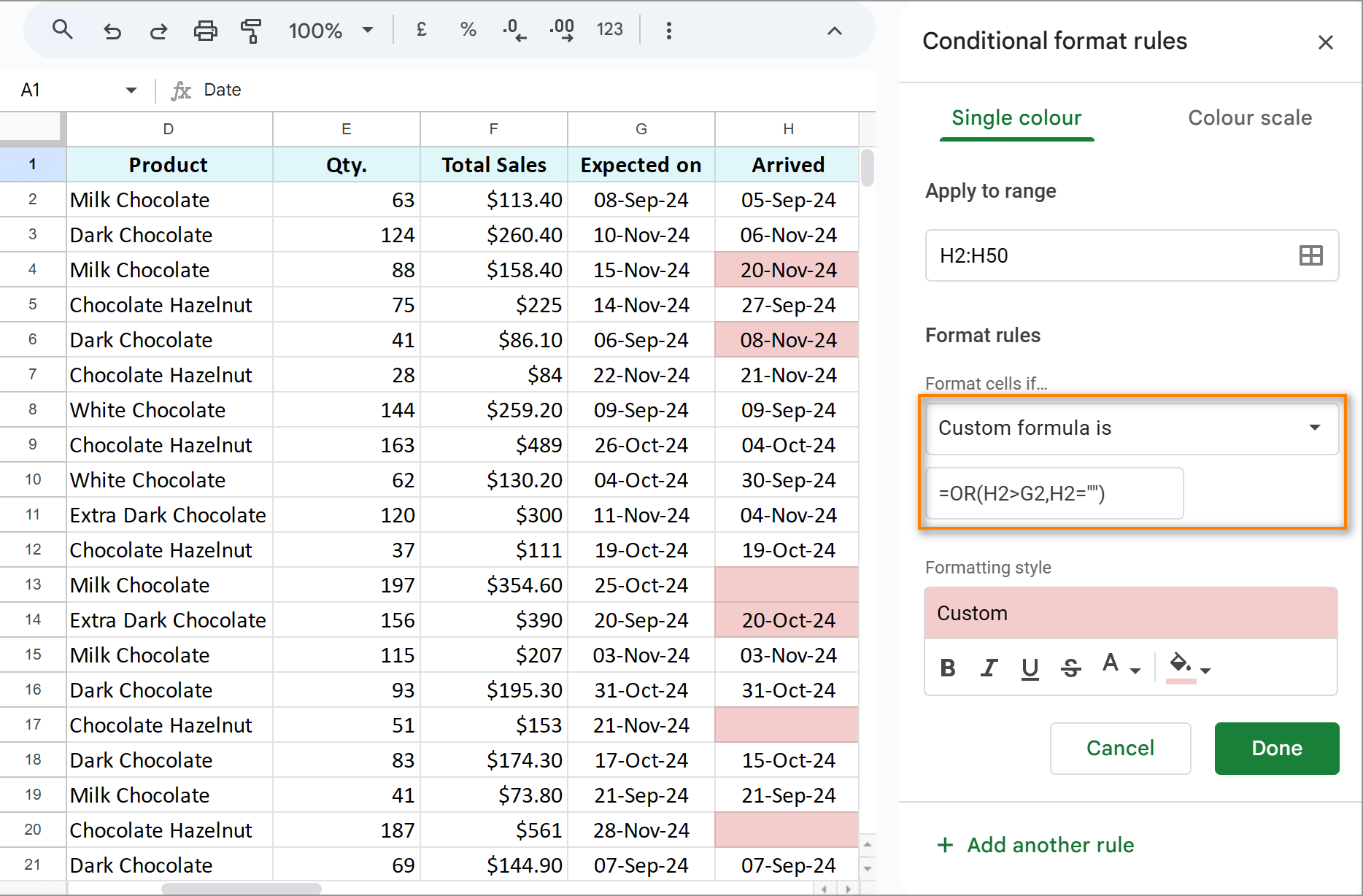 Format rule for past due dates.