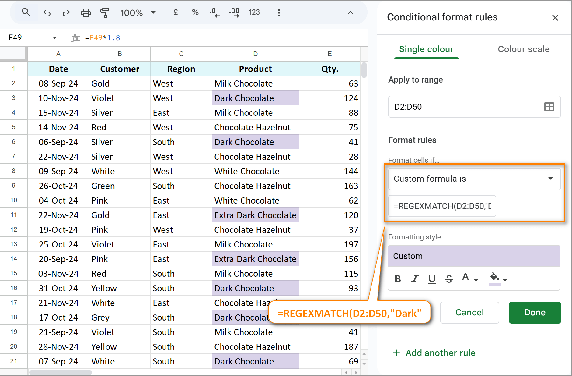 Use custom formulas in conditional formatting to see if Google Sheets cells contain text.