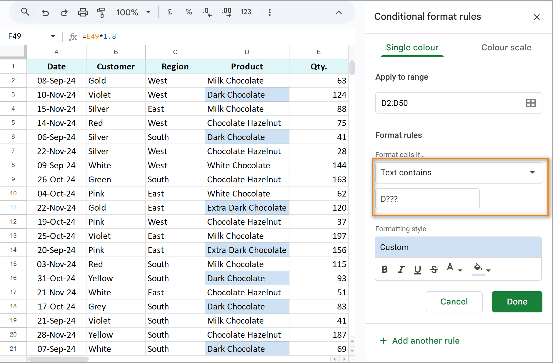 Use wildcards in Google Sheets conditional formatting to see if cell contains text.