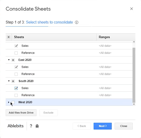 Select sheets to consolidate.