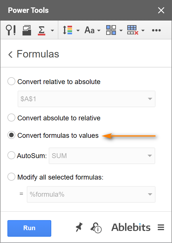 The option to convert formulas to values in Google Sheets.