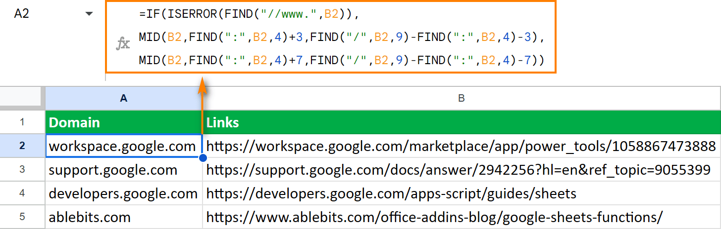 Extract domain names from the links using the IF formula.
