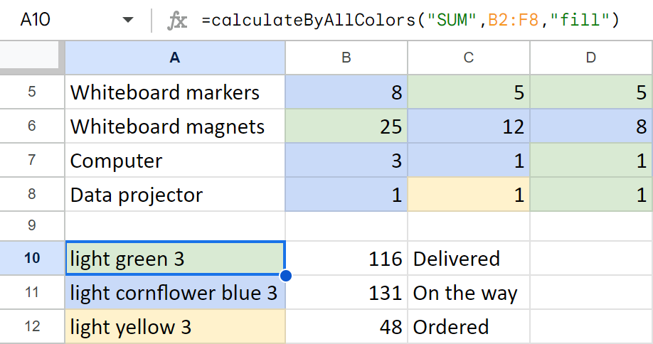 Sum by all colors in Google Sheets.