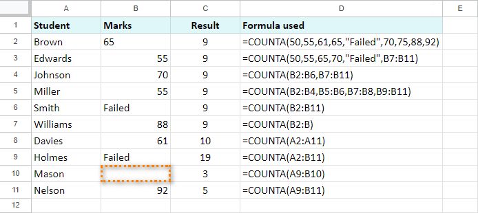 COUNTA para las notas de los alumnos