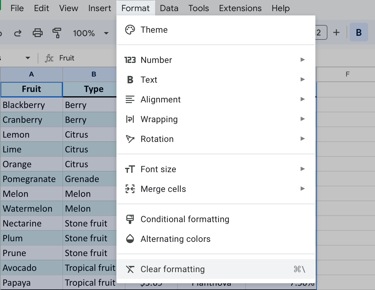 Clear all formatting from your Google Sheets table.