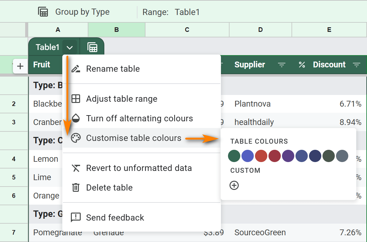 Format Google Sheets as table and customize colors.