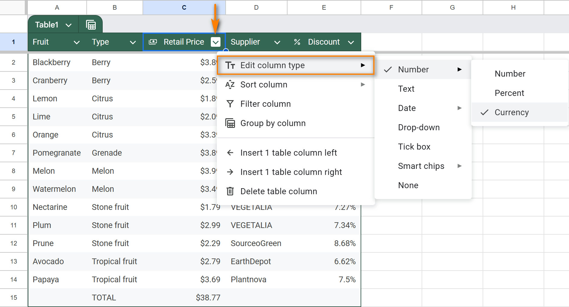 Edit column type for each column in your Google Sheets table.