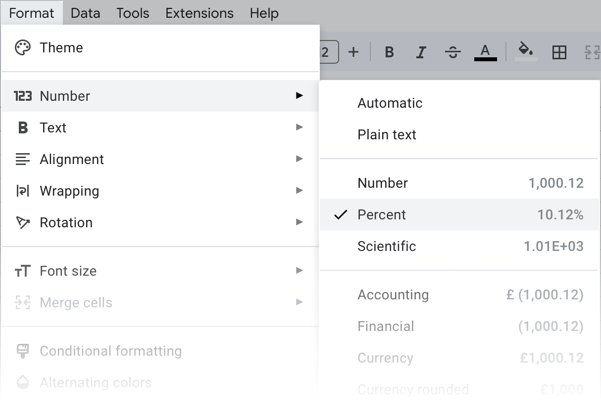 Display numbers as percent via the spreadsheet menu.