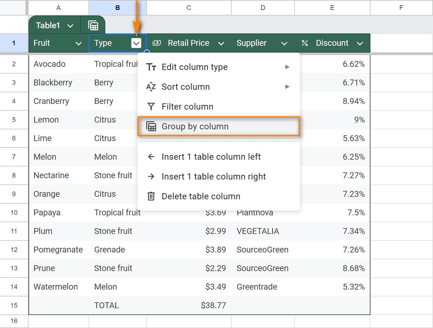 Format Google Sheets as table, then group by column.