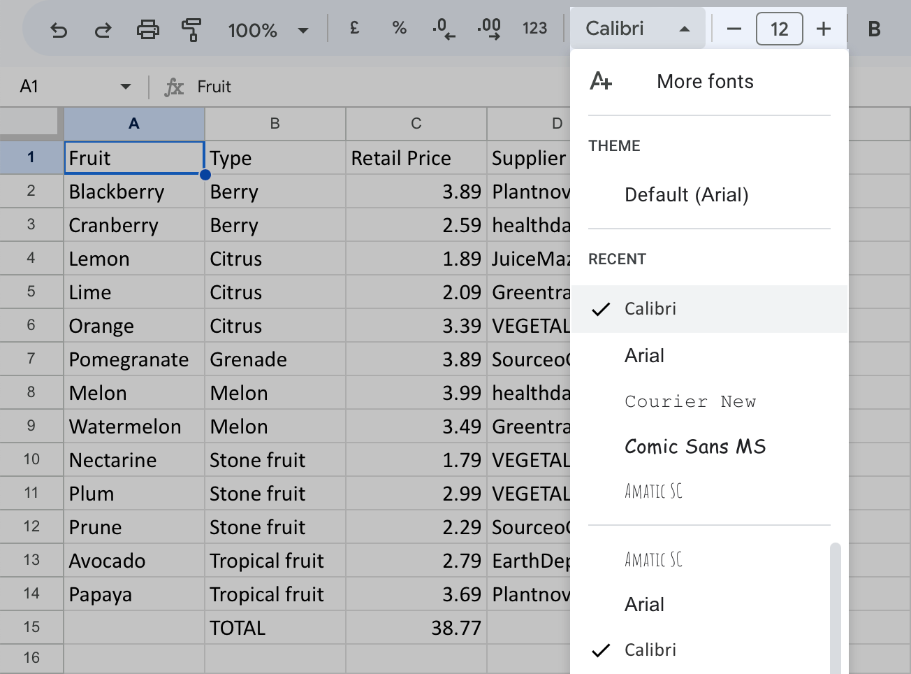 Style fonts in Google Sheets.