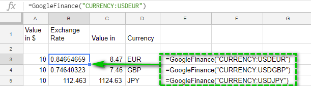 Get current exchange rates with GOOGLEFINANCE.