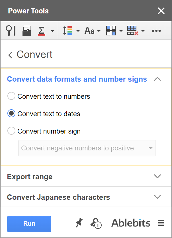 Power Tools: convert text to dates radio button.