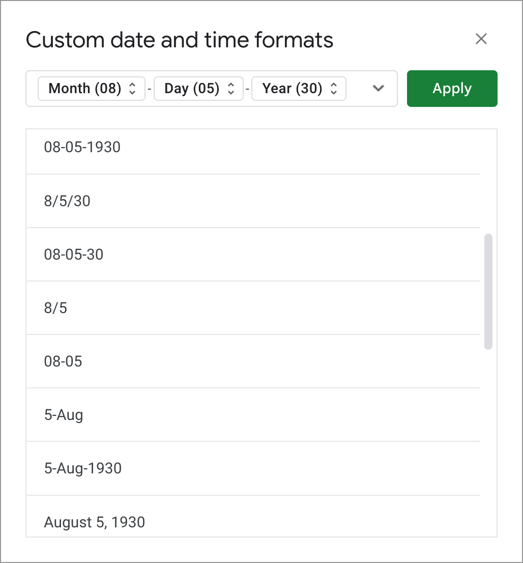 Google Sheets custom date and time formats.