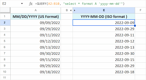 The formula to change the date format to Google Sheets date format YYYY-MM-DD (ISO format). The formula to change the date format to Google Sheets date format YYYY-MM-DD (ISO format).