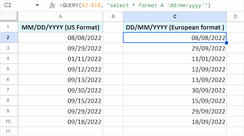 The formula to change the date format to Google Sheets European date format DD/MM/YYYY. The formula to change the date format to Google Sheets European date format DD/MM/YYYY.