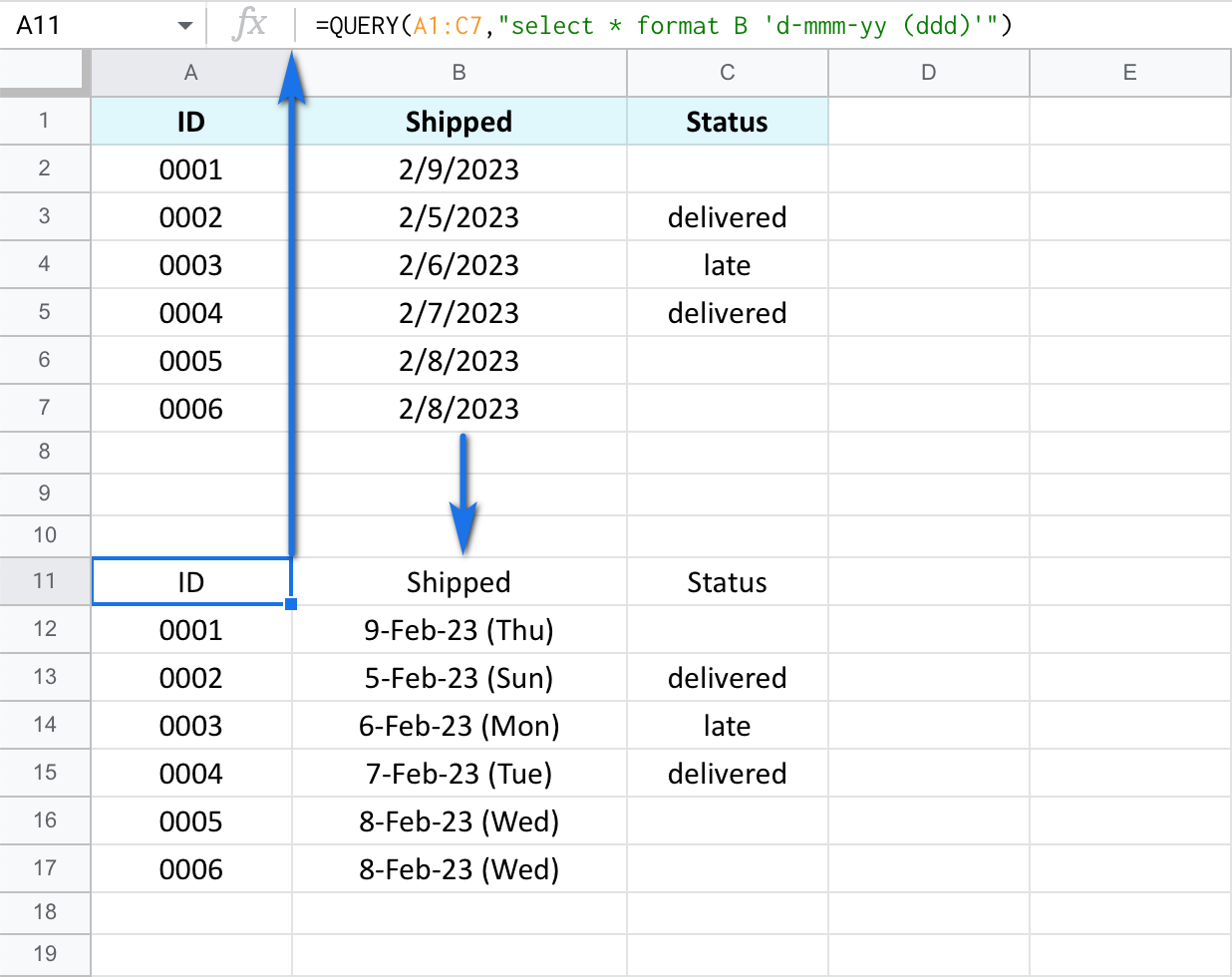 Change date format in Google Sheets with the QUERY function.