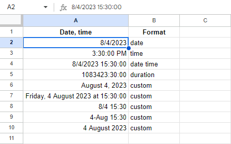 and time in Google Sheets