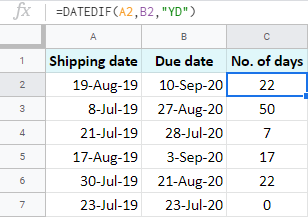 Subtrahieren Sie die Jahre und berechnen Sie die verbleibenden Tage zwischen zwei Daten in Google Sheets.