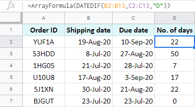 Array formula to calculate days between two dates in Google Sheets.