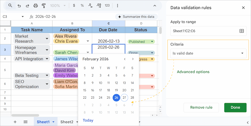 Setting the criteria to is valid date to enable the calendar.
