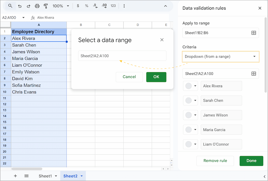 Selecting a data range for the dropdown list.
