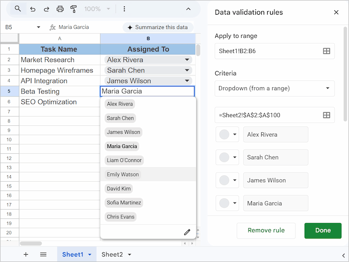 The dynamic dropdown list updating based on source cells.