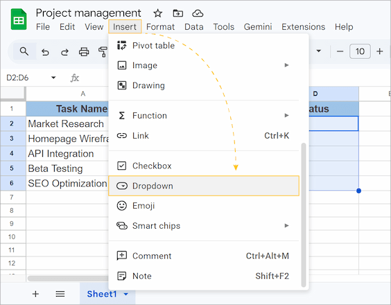 Google Sheets Insert menu with Dropdown option.