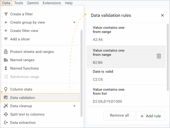 Managing all data validation rules in the sidebar.