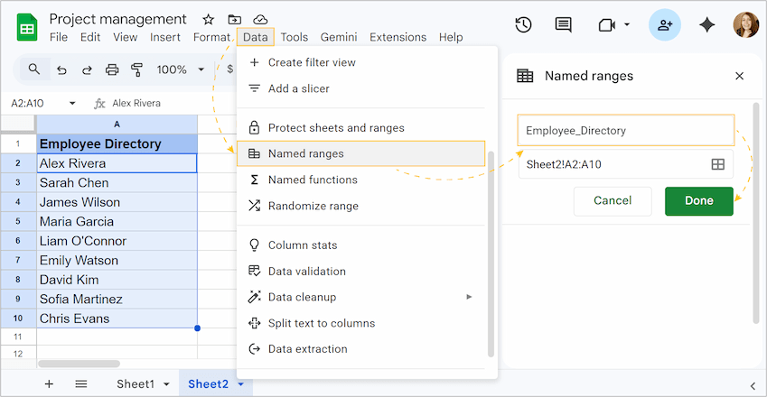 Creating a named range in Google Sheets.