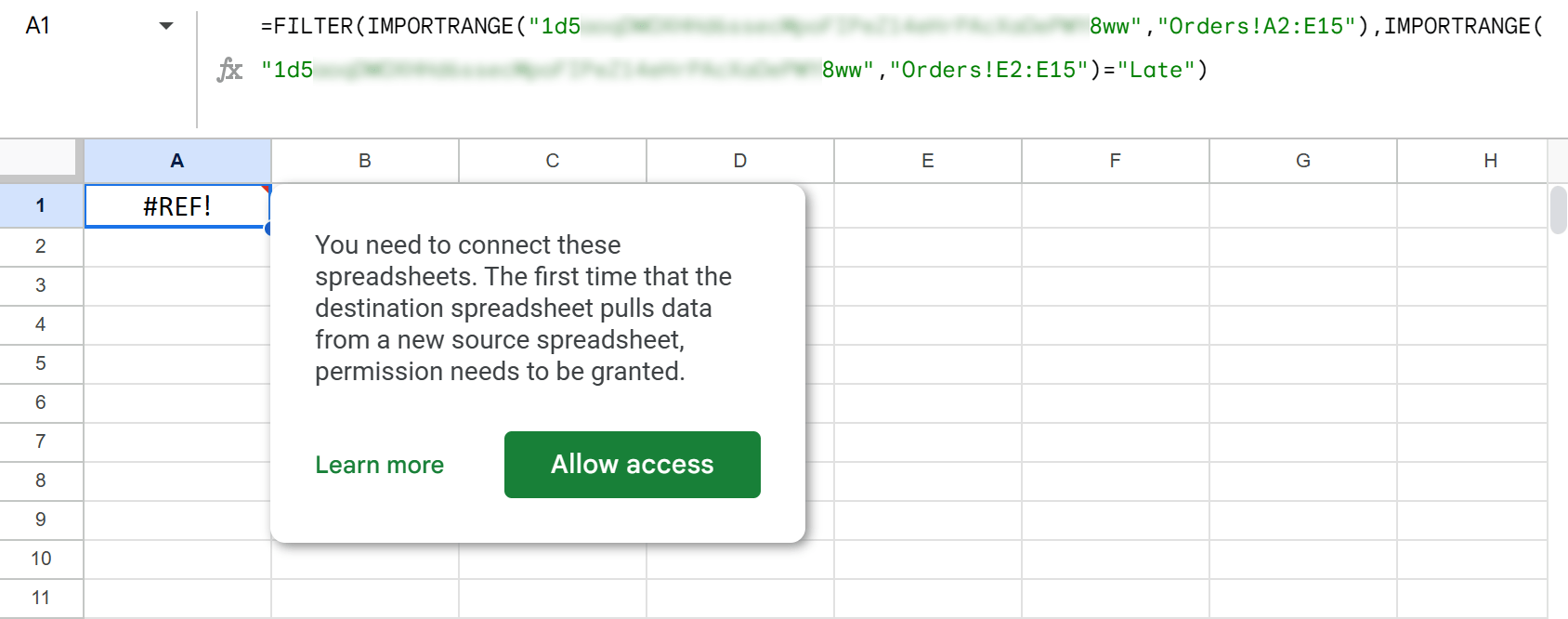 IMPORTRANGE asking for permission to filter from another Google file.