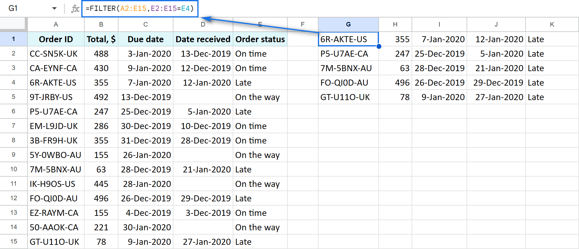 Reference criteria cells in the Google Sheets FILTER function.