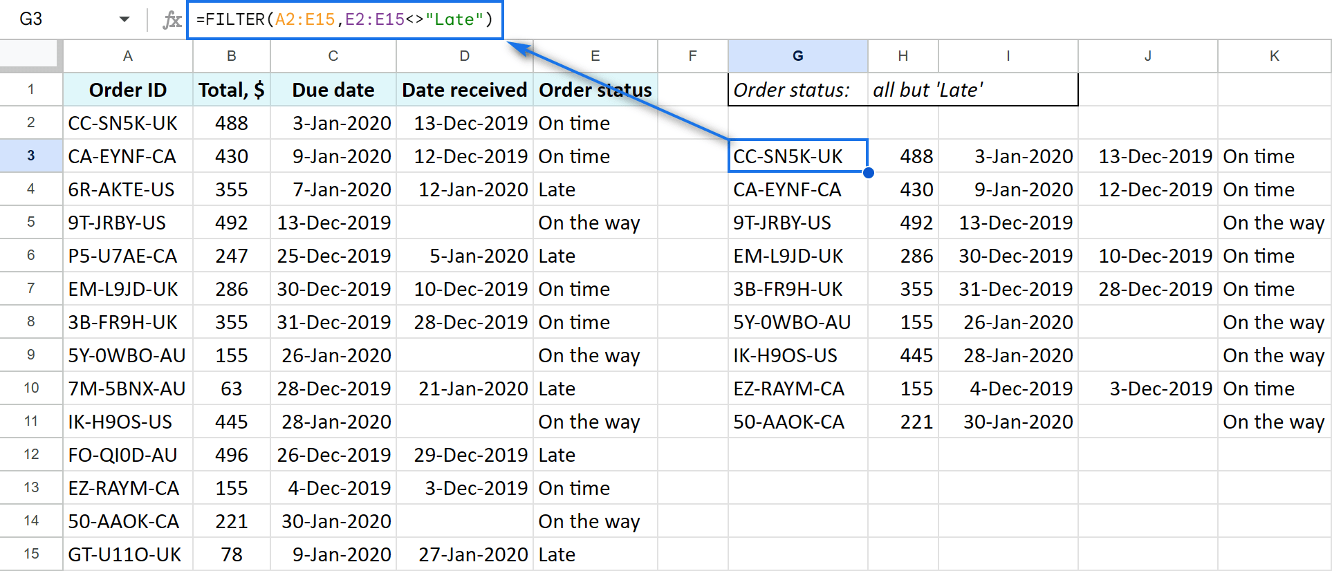 Get all rows where column E differs from a specified word.