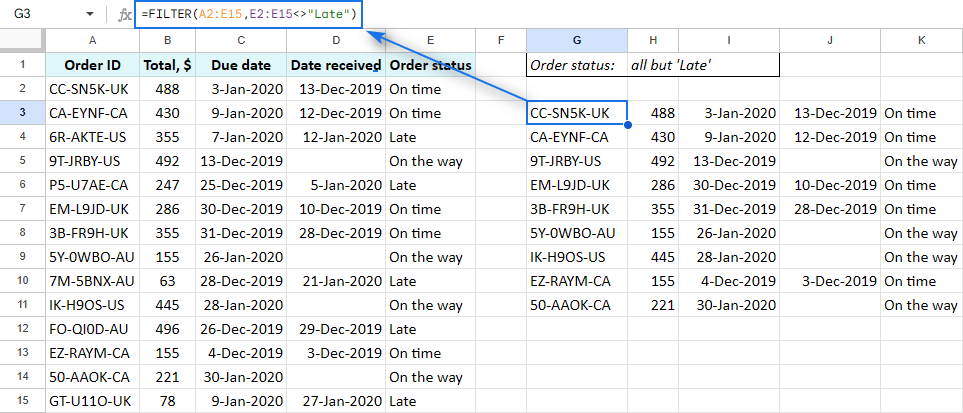 Get all rows where column K differs from a specified entry.