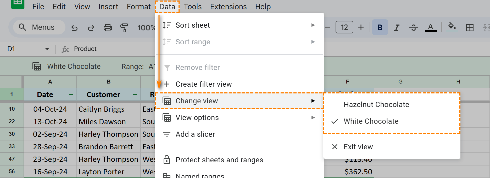 My saved and enabled filter views in the Change view menu.