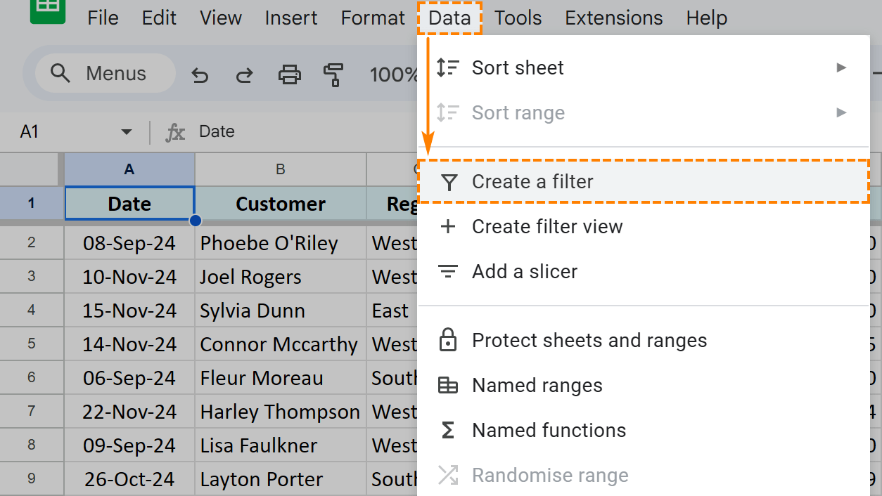 Enable Google spreadsheet filter using the menu.