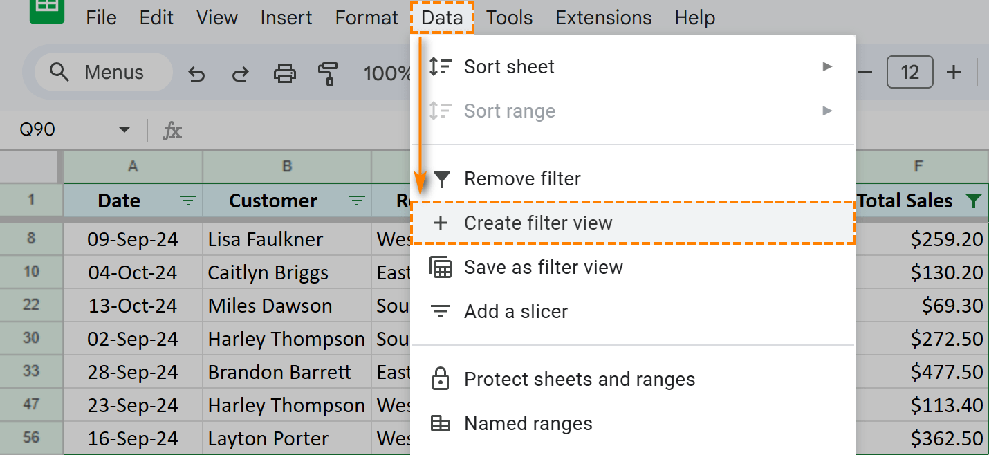 Create filter view in spreadsheets.