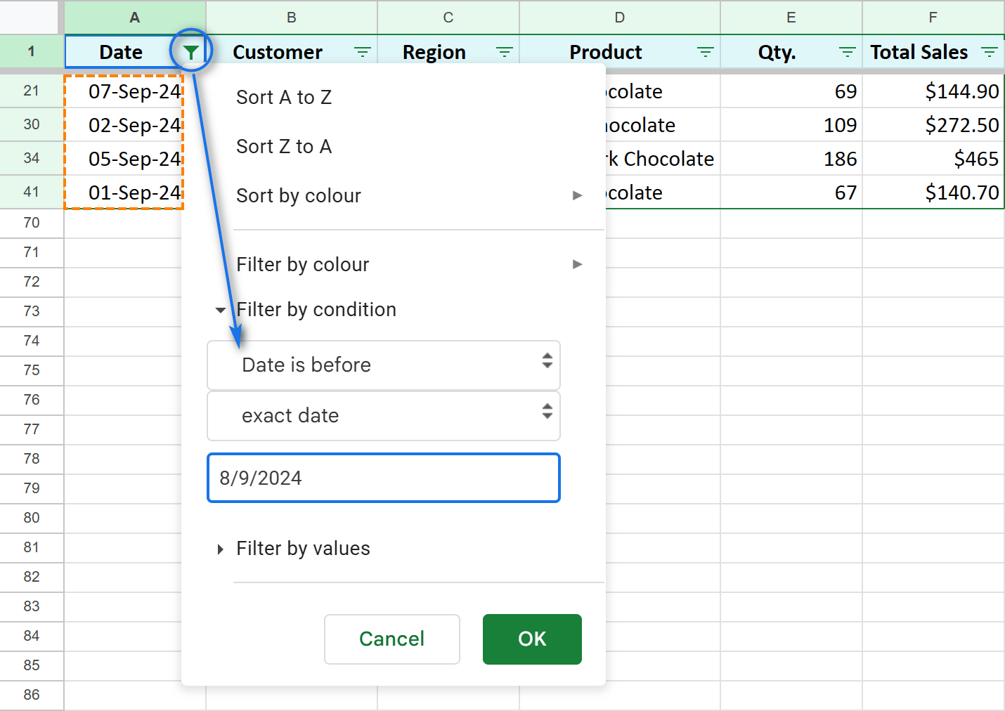 Filter by date in Google Sheets when it's before another exact date.