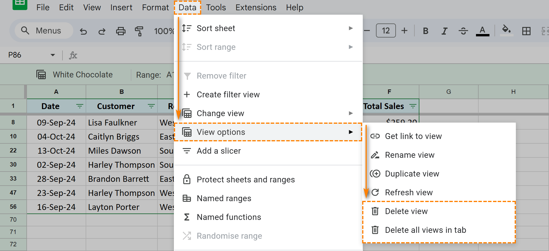 Options to delete the active or all views reside under the Data tab.