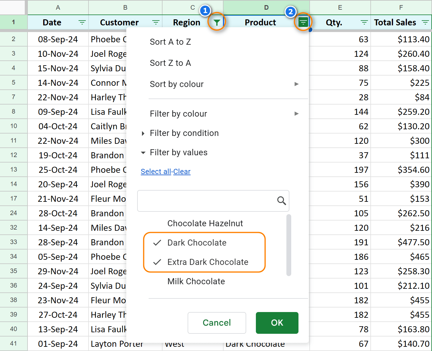 How Google Sheets filters multiple columns by values.