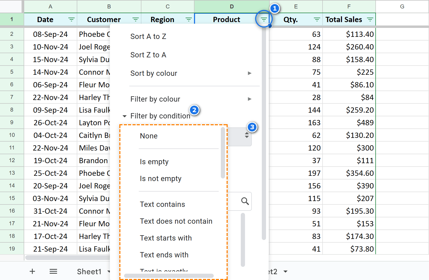 See all filter conditions available in Google Sheets.