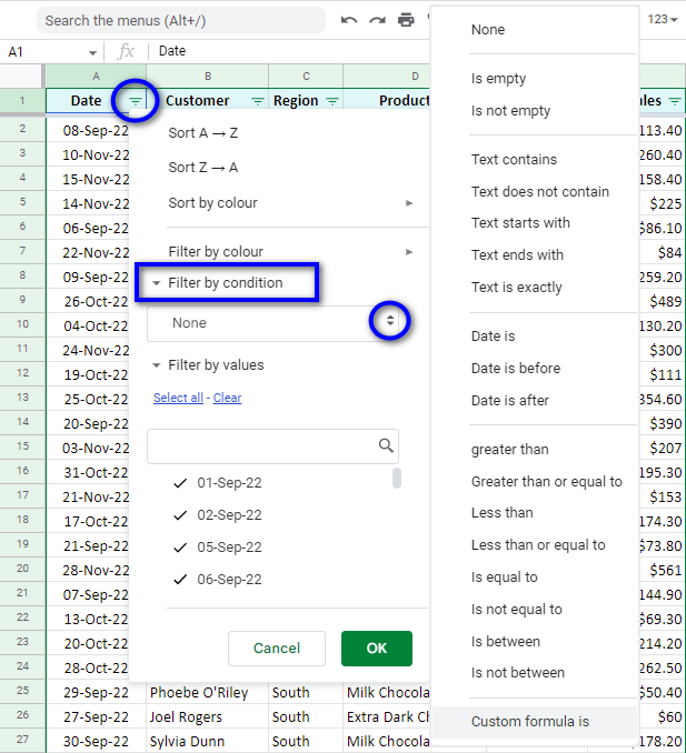 All conditions to filter your Google sheet.