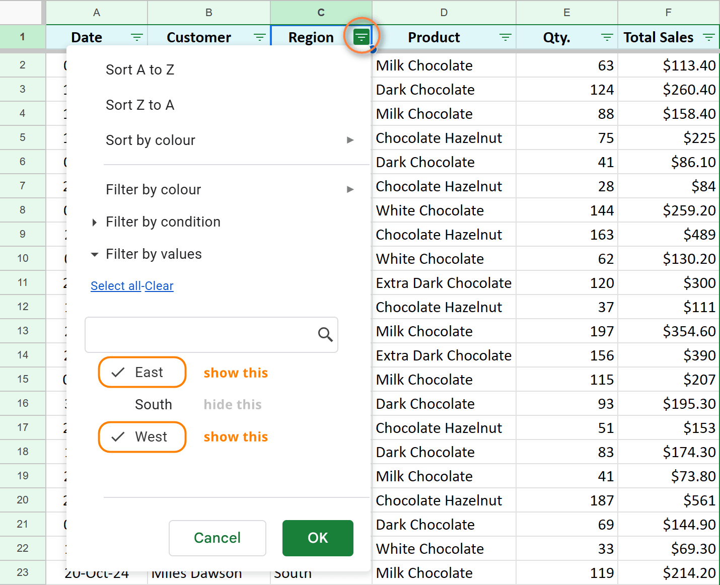 Set up Google Sheets filter based on cell values.