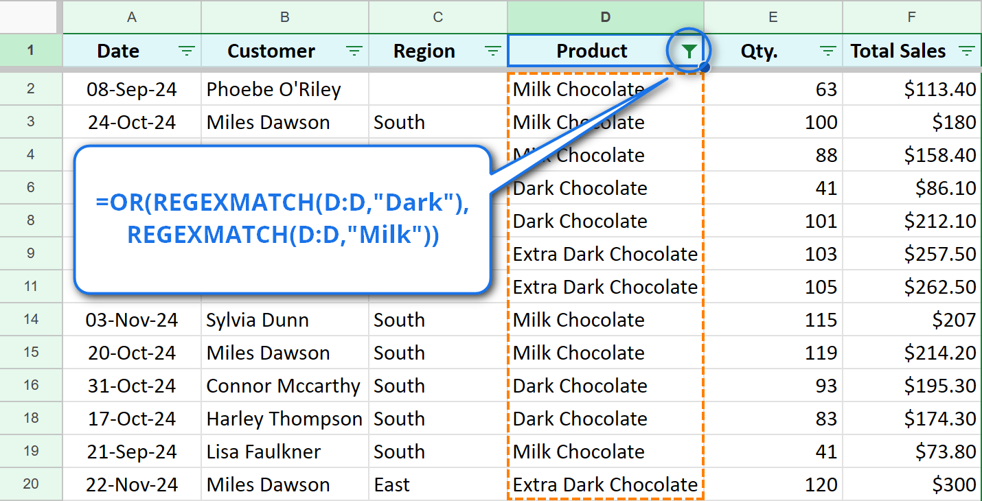 Set up Google Sheets filter by multiple conditions using a custom formula.