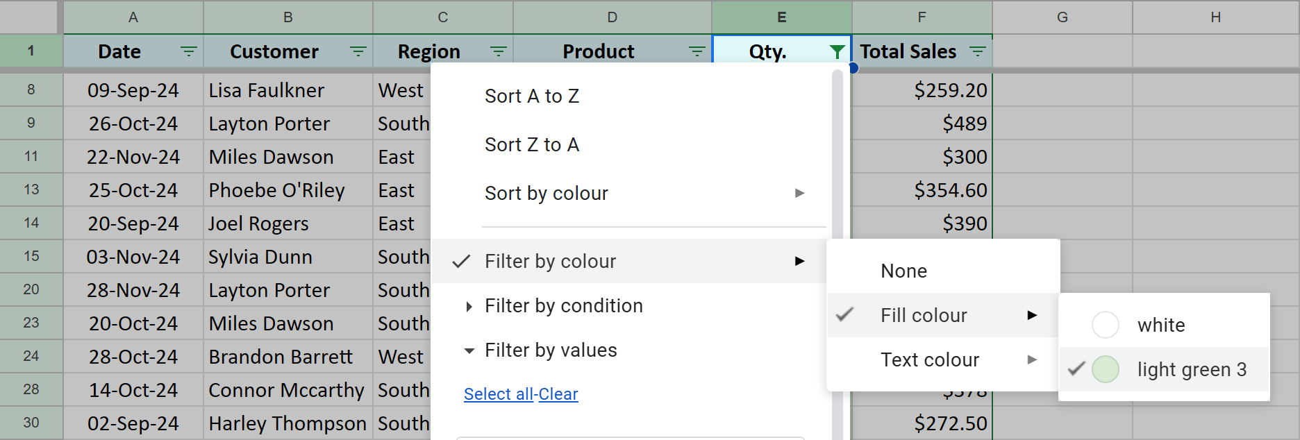 Filter Google Sheets by light green fill color.