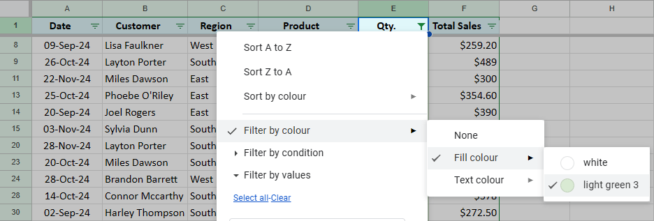 Filter by fill color in Google Sheets.