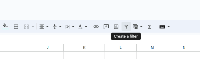 Tùy chọn bộ lọc trên thanh công cụ Google Sheets.