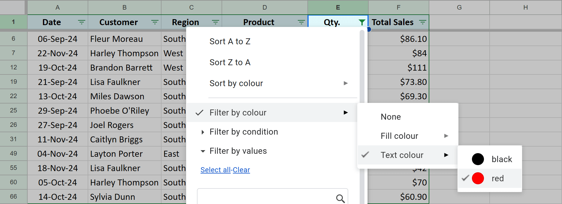 Filter Google Sheets by red text color.